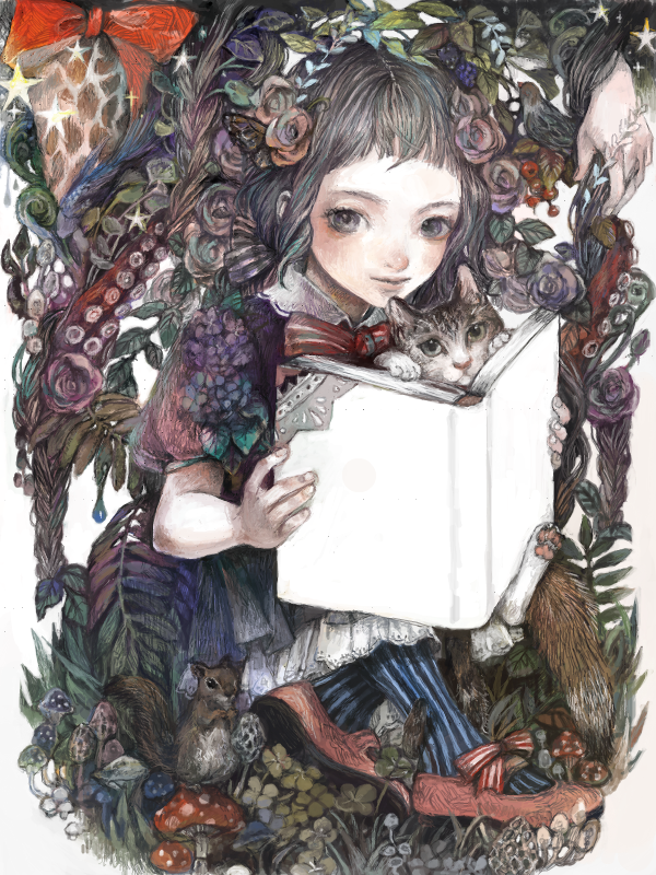 1girl, animal, arwennnn, bad_drawr_id, bad_id, bird, blunt_bangs, book, bow, braid, brown_hair, cat, clover, colored_stripes, drawr, female_focus, fish, flower, fly_agaric, footwear_bow, four-leaf_clover, grass, grey_eyes, hydrangea, light_smile, long_hair, looking_at_viewer, mary_janes, mushroom, oekaki, pantyhose, puffy_short_sleeves, puffy_sleeves, red_shoes, ribbon, rose, shoes, short_sleeves, sitting, solo, squirrel, star_(symbol), striped_clothes, striped_pantyhose, striped_ribbon, tentacles, vertical-striped_clothes, vertical-striped_pantyhose