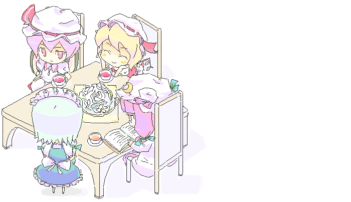 4girls, book, chibi, female_focus, flandre_scarlet, izayoi_sakuya, mitsuji_mitsuyoshi, multiple_girls, open_book, patchouli_knowledge, reading, remilia_scarlet, siblings, simple_background, sisters, sitting, smile, table, tea, touhou, white_background, wings