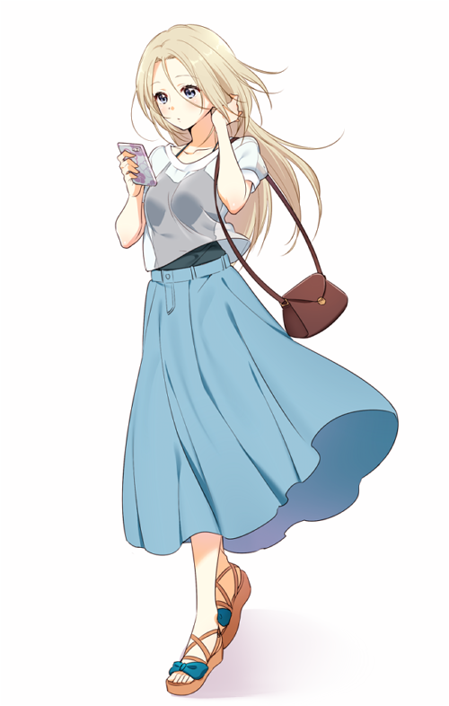 1girl, bad_id, bad_pixiv_id, bag, blonde_hair, blue_eyes, cellphone, female_focus