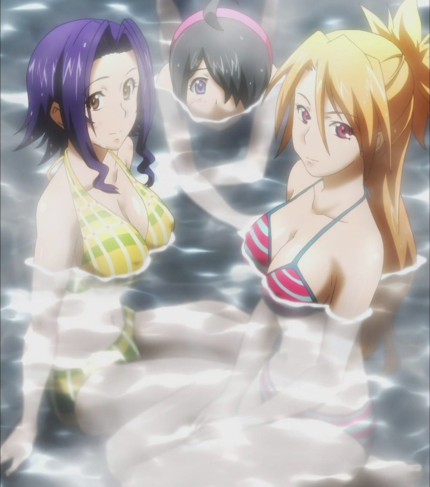 3girls, amado_yuuka, anime_screenshot, bikini, breasts, hair_over_one_eye, highres, maken-ki!