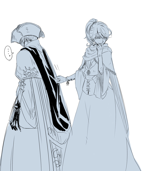 ..., 2girls, bloodborne, blue_theme, capelet, clothes_grab, cross-laced_clothes, fromsoftware