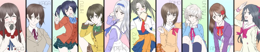 6+girls, ^_^, absurdres, akagi_(kancolle), alternate_costume, amagi_(kancolle), aono_miki, aono_miki_(cosplay), bad_id, bad_pixiv_id, black_hair, blazer, blue_eyes, blush, bow, braid, bread, bread_slice, brown_eyes, brown_hair, closed_eyes, clothes_around_waist, cosplay, crossover, dress_shirt, flower, food, food_in_mouth, fresh_precure!, futari_wa_precure, futari_wa_precure_splash_star, go!_princess_precure, green_hair, hair_flower, hair_ornament, hairband, hand_on_own_hip, head_rest, heartcatch_precure!, highres, hino_akane_(precure)_(cosplay), hino_akane_(precure), hiryuu_(kancolle), hyuuga_saki, hyuuga_saki_(cosplay), jacket, kaga_(kancolle), kantai_collection, katsuragi_(kancolle), kurumi_erika, kurumi_erika_(cosplay), leaning_forward, long_hair, long_image, minamino_kanade, minamino_kanade_(cosplay), misumi_nagisa, misumi_nagisa_(cosplay), mole, mole_under_eye, mouth_hold, multiple_girls, neckerchief, onigiri, open_mouth, plaid_clothes, plaid_skirt, precure, school_uniform, serafuku, shirt, short_hair, shoukaku_(kancolle), side_ponytail, silver_hair, simple_background, single_braid, sitting, skirt, smile, smile_precure!, souryuu_(kancolle), striped_bow, suite_precure, sweater, sweater_around_waist, taihou_(kancolle), toast, toast_in_mouth, tsukikage_yuri, tsukikage_yuri_(cosplay), twintails, udon_(shiratama), unryuu_(kancolle), upper_body, v, wide_image, yamabuki_inori, yamabuki_inori_(cosplay), yes!_precure_5, yuunagi_middle_school_uniform, zuikaku_(kancolle)