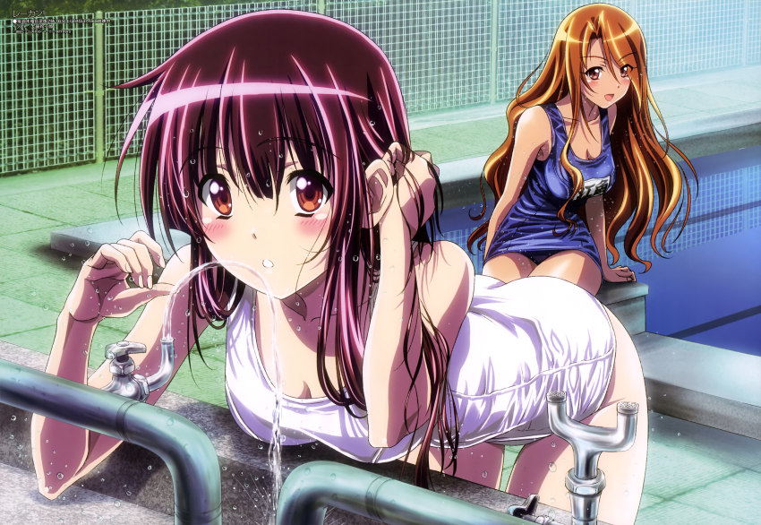 10s, 2girls, :o, absurdres, amami_hibiki, bent_over, blush, brown_eyes, brown_hair, esumi_kyouko, faucet, highres, leaning_forward, long_hair, megami_magazine, multiple_girls, non-web_source, official_art, one-piece_swimsuit, oofuji_reiichirou, pool, poolside, re-kan!, school_swimsuit, sitting, swimsuit, very_long_hair, water, wet, white_school_swimsuit, white_one-piece_swimsuit