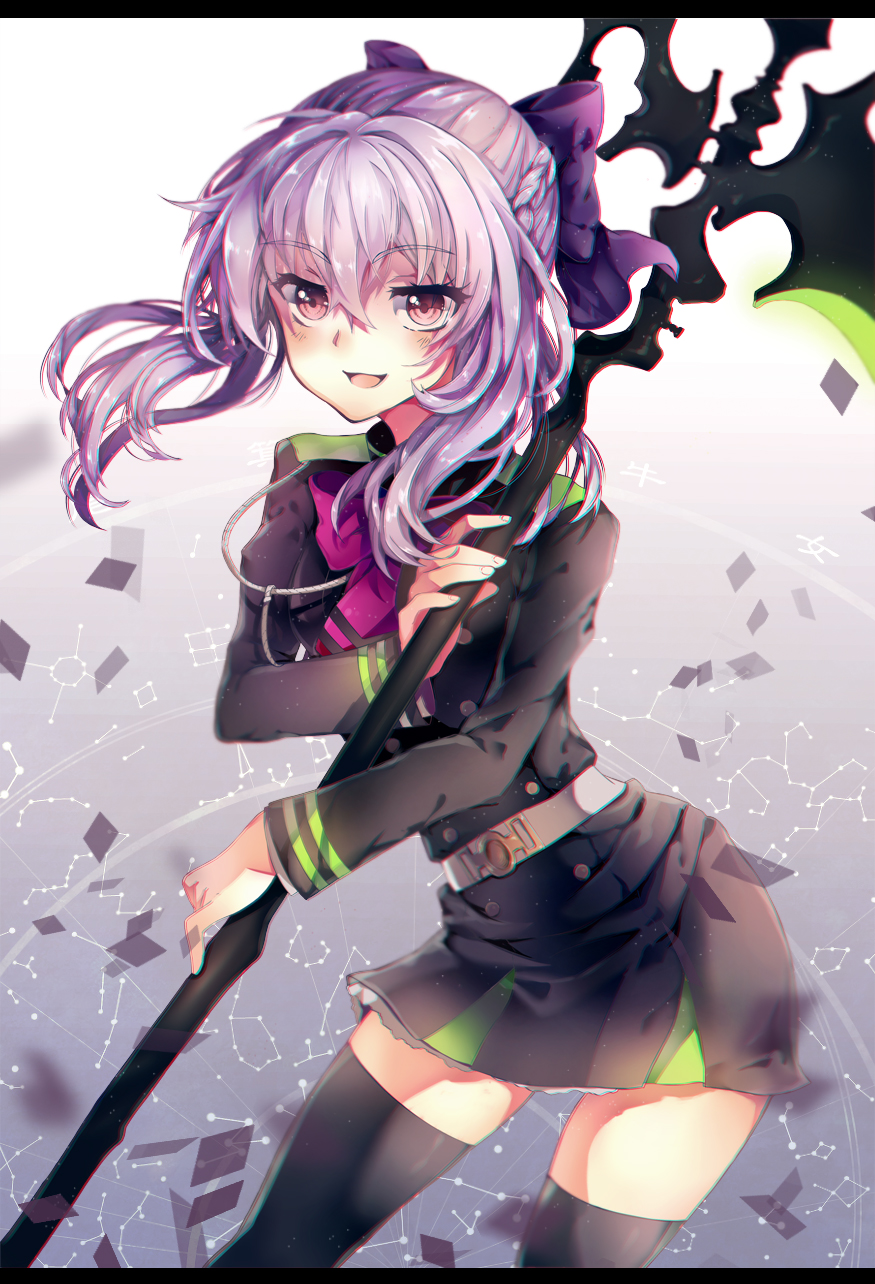 10s, 1girl, brown_eyes, female_focus, gradient_background, highres, hiiragi_shinoa, long_hair