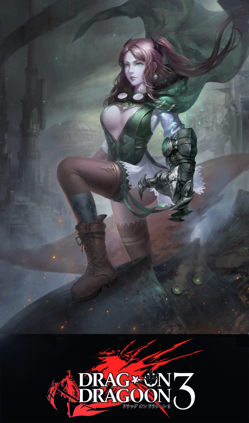 1girl, boots, breasts, brown_boots, brown_hair, cangkong, cleavage, drag-on_dragoon