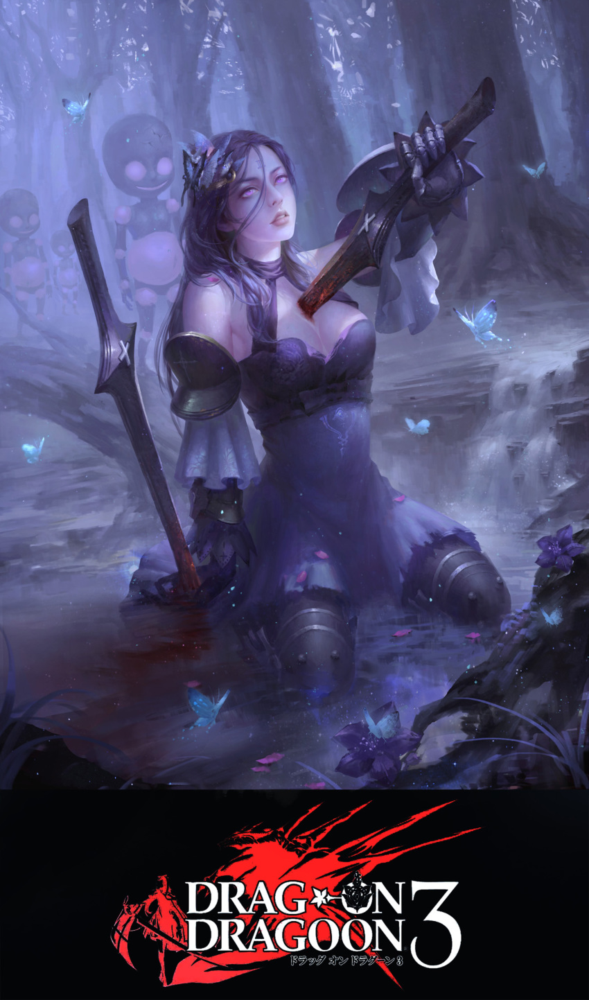 1girl, armisael_(drag-on_dragoon), bare_shoulders, blue_hair, breasts, bug, butterfly, butterfly_hair_ornament