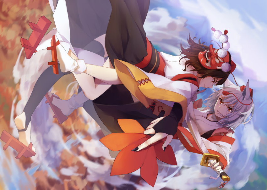 2girls, animal_ears, blue_sky, bridal_gauntlets, brown_hair, clenched_teeth, cloud, day