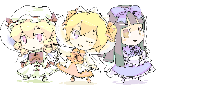 3girls, ;d, black_hair, blonde_hair, blush, bow, bowtie, closed_mouth, dress, drill_hair, expressionless, female_focus, full_body, hair_bow, long_hair, long_sleeves, looking_at_viewer, luna_child, mitsuji_mitsuyoshi, multiple_girls, oekaki, one_eye_closed, open_mouth, perfect_memento_in_strict_sense, purple_dress, purple_eyes, red_bow, red_bowtie, red_dress, red_hair, simple_background, smile, star_sapphire, sunny_milk, touhou, twin_drills, twintails, white_background, white_dress