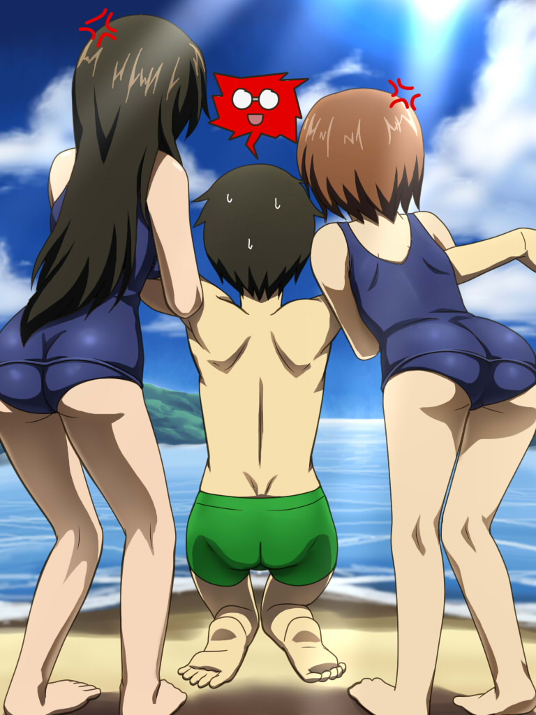 1boy, 2girls, anger_vein, ass, awa, barefoot, beach, black_hair