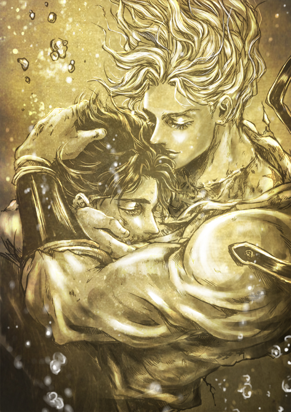 2boys, bad_id, bad_pixiv_id, birthmark, bubble, dio_brando, closed_eyes, hug, joestar_birthmark, jojo_no_kimyou_na_bouken, jonathan_joestar, monochrome, multiple_boys, musubi_(livnehe), scar, sepia, severed_head, spoilers, underwater, wrist_cuffs