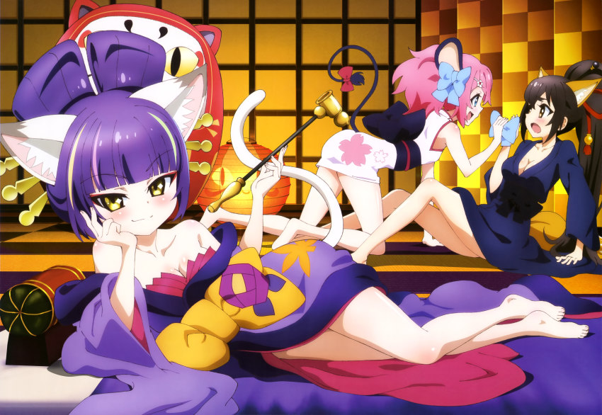 10s, 3girls, a_(show_by_rock!!), absurdres, animal_ears, barefoot, bow, breasts, cleavage, darudayu_(show_by_rock!!), feet, hair_bow, hair_ribbon, highres, holding, holding_smoking_pipe, kiseru, legs, long_hair, lying, multiple_girls, non-web_source, nyantype, official_art, on_side, open_mouth, pink_hair, ponytail, purple_hair, ribbon, show_by_rock!!, smile, smoking_pipe, tail, un_(show_by_rock!!), very_long_hair, yellow_eyes, yuri