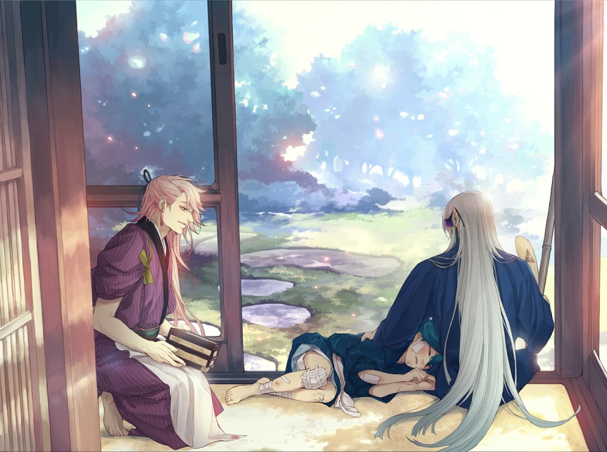 10s, 3boys, bandages, blue_eyes, blue_hair, closed_eyes, flower, from_behind