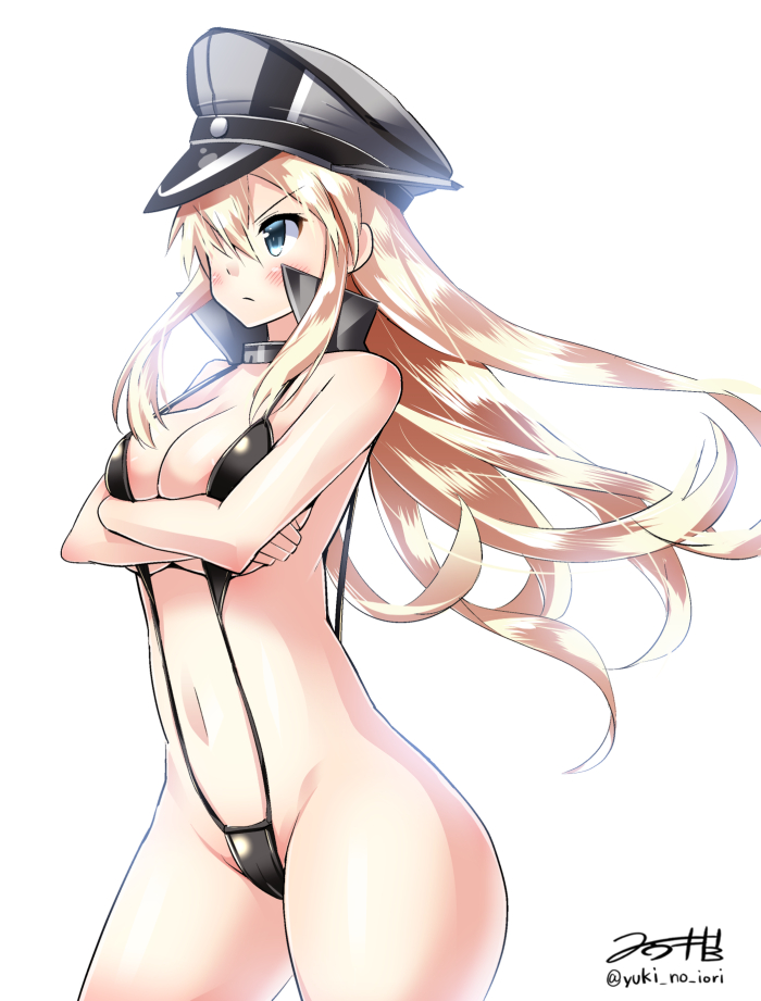 10s, 1girl, alternate_costume, bare_shoulders, bikini, bismarck_(kancolle), black_bikini, blonde_hair