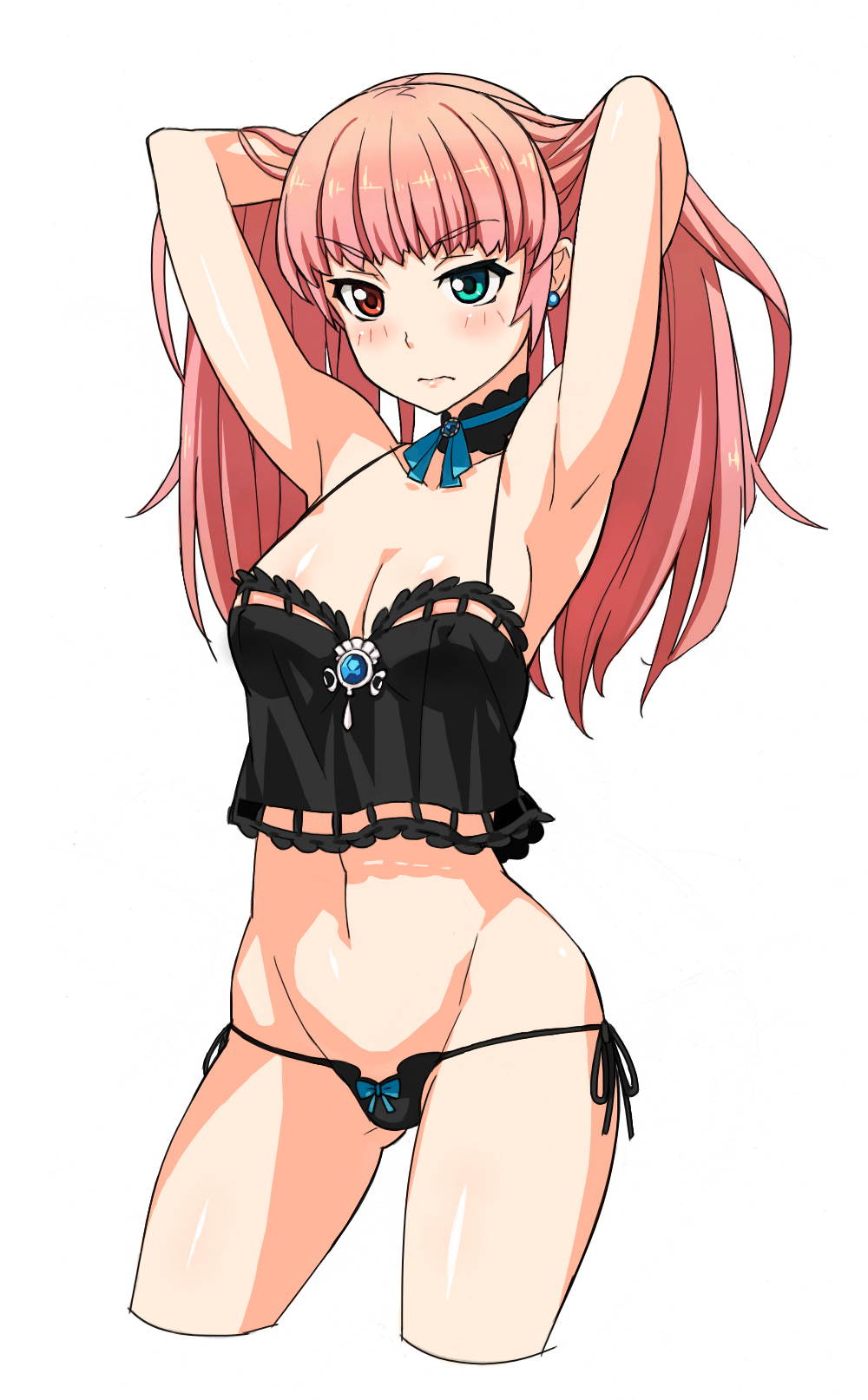 1girl, adjusting_hair, armpits, arms_up, blue_eyes, breasts, bustier, caee_penguin