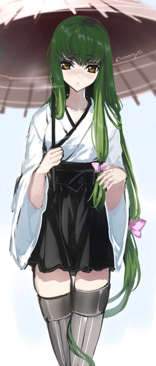 10s, 1girl, artist_name, c.c., code_geass, cosplay, creayus, female_focus, gradient_background, green_hair, kantai_collection, long_hair, low-tied_long_hair, shouhou_(kancolle), shouhou_(kancolle)_(cosplay), shouhou_(rainy_season)_(kancolle), solo, thighhighs, umbrella, very_long_hair, yellow_eyes