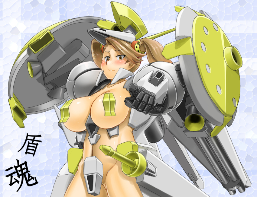10s, 1girl, bad_id, bad_pixiv_id, blush, breasts, brown_eyes, brown_hair, female_focus, gundam, gundam_build_fighters, gundam_build_fighters_try, huge_breasts, large_breasts, long_hair, r-gyagya, saizu_nitou_gunsou, sazaki_kaoruko, sgt.size, solo, twintails