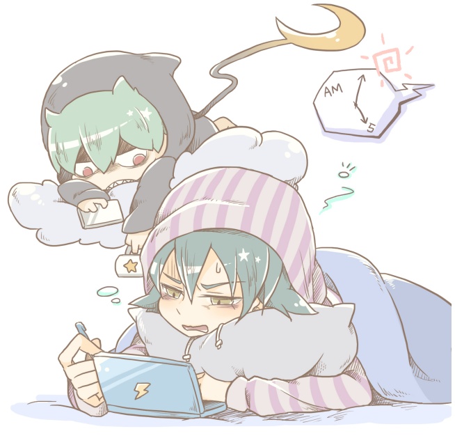 10s, 2boys, analog_clock, bad_id, bad_pixiv_id, bags_under_eyes, clock, crescent