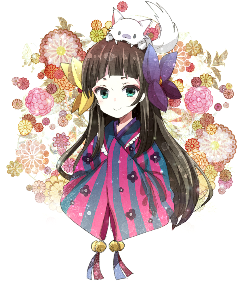 10s, 1girl, animal, animal_on_head, bell, biting, black_hair, cat, fangs, female_focus, floral_background, flower, green_eyes, hair_ornament, hime_cut, hiroichi, japanese_clothes, kimono, long_hair, marimari_(show_by_rock!!), on_head, show_by_rock!!, smile, solo, upper_body