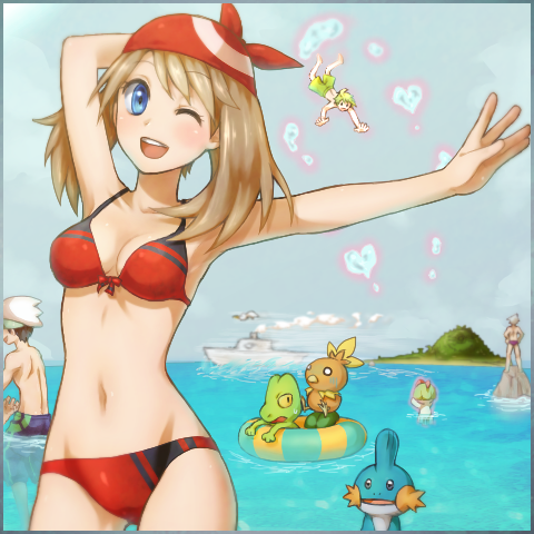 00s, 1girl, 3boys, arm_behind_head, arm_up, armpits, bandana, bare_arms