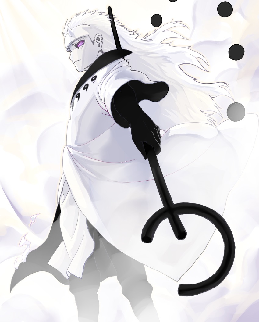 1boy, absurdres, alternate_form, gradient_background, highres, horns, juudara, kuukai_(adexi), long_hair, male_focus, naruto_(series), naruto_shippuuden, pale_skin, rinnegan, solo, spiked_hair, spoilers, staff, uchiha_madara, white_hair