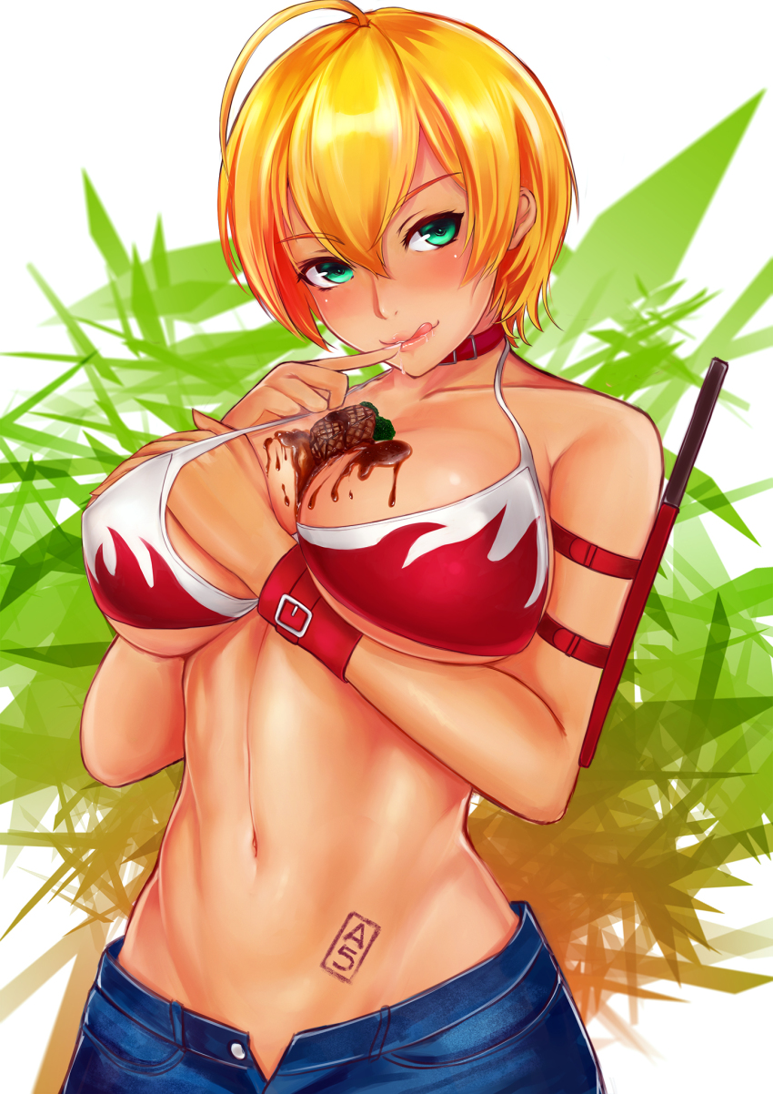 10s, 1girl, arm_between_breasts, between_breasts, bikini, bikini_top_only, blonde_hair, blue_eyes
