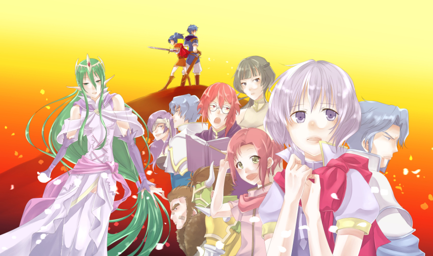 6+boys, 6+girls, arrow_(projectile), athena_(fire_emblem), blue_eyes, blue_hair, book, brown_hair, dress, dual_persona, etzel_(fire_emblem), fire_emblem, fire_emblem:_new_mystery_of_the_emblem, fire_emblem:_shadow_dragon, frey_(fire_emblem), glasses, gradient_background, green_eyes, green_hair, hair_ornament, horus_(fire_emblem), ichino_tomizuki, katarina_(fire_emblem), female_kris_(fire_emblem), male_kris_(fire_emblem), legion_(fire_emblem), long_hair, low-tied_long_hair, malice_(fire_emblem), mask, multiple_boys, multiple_girls, nagi_(fire_emblem), nintendo, norne_(fire_emblem), open_mouth, pointy_ears, ponytail, purple_eyes, purple_hair, red_hair, short_hair, sword, very_long_hair, weapon, yellow_eyes, ymir_(fire_emblem)