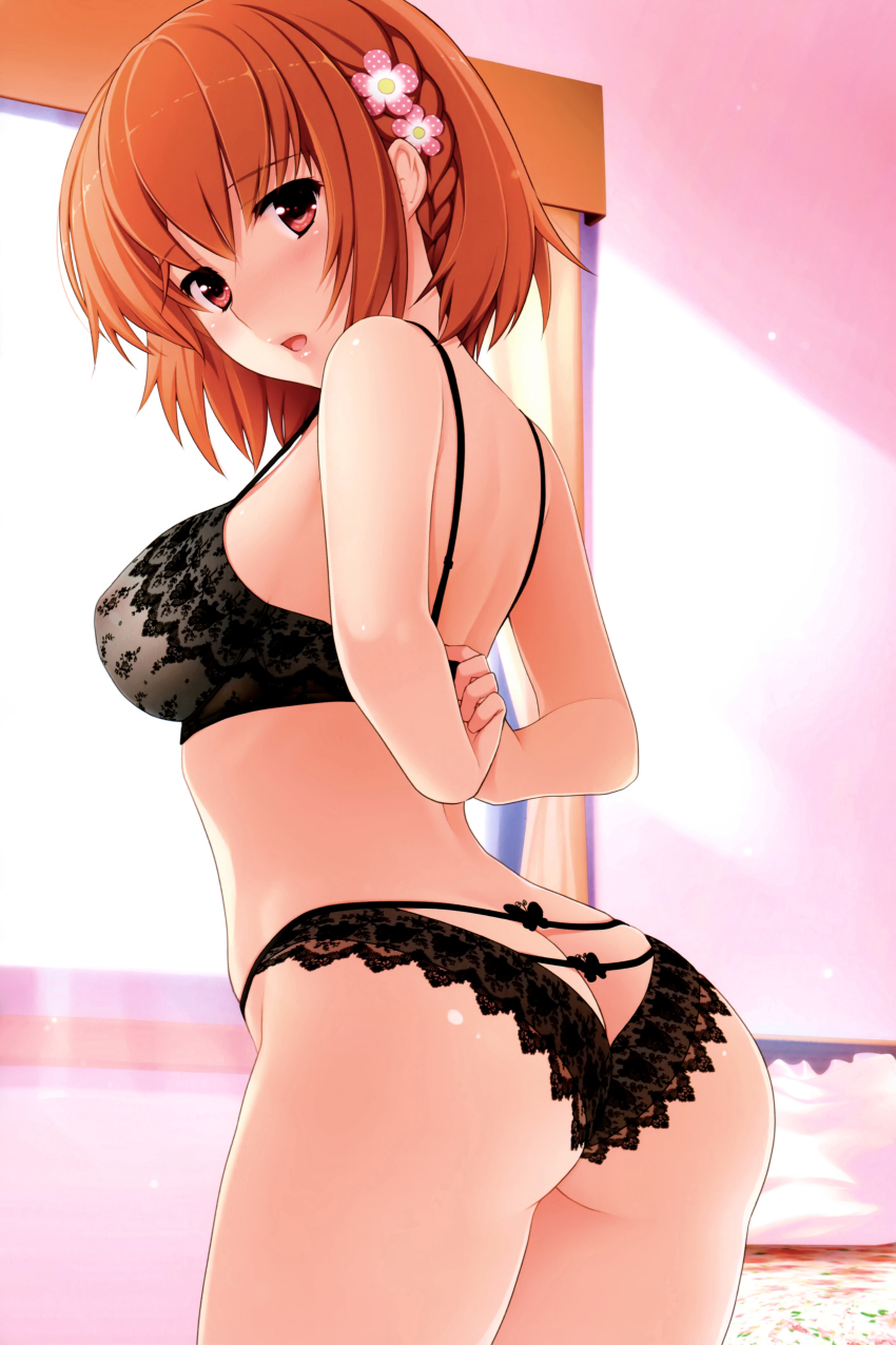 1girl, absurdres, ass, bedroom, black_bra, black_panties, blush, bra