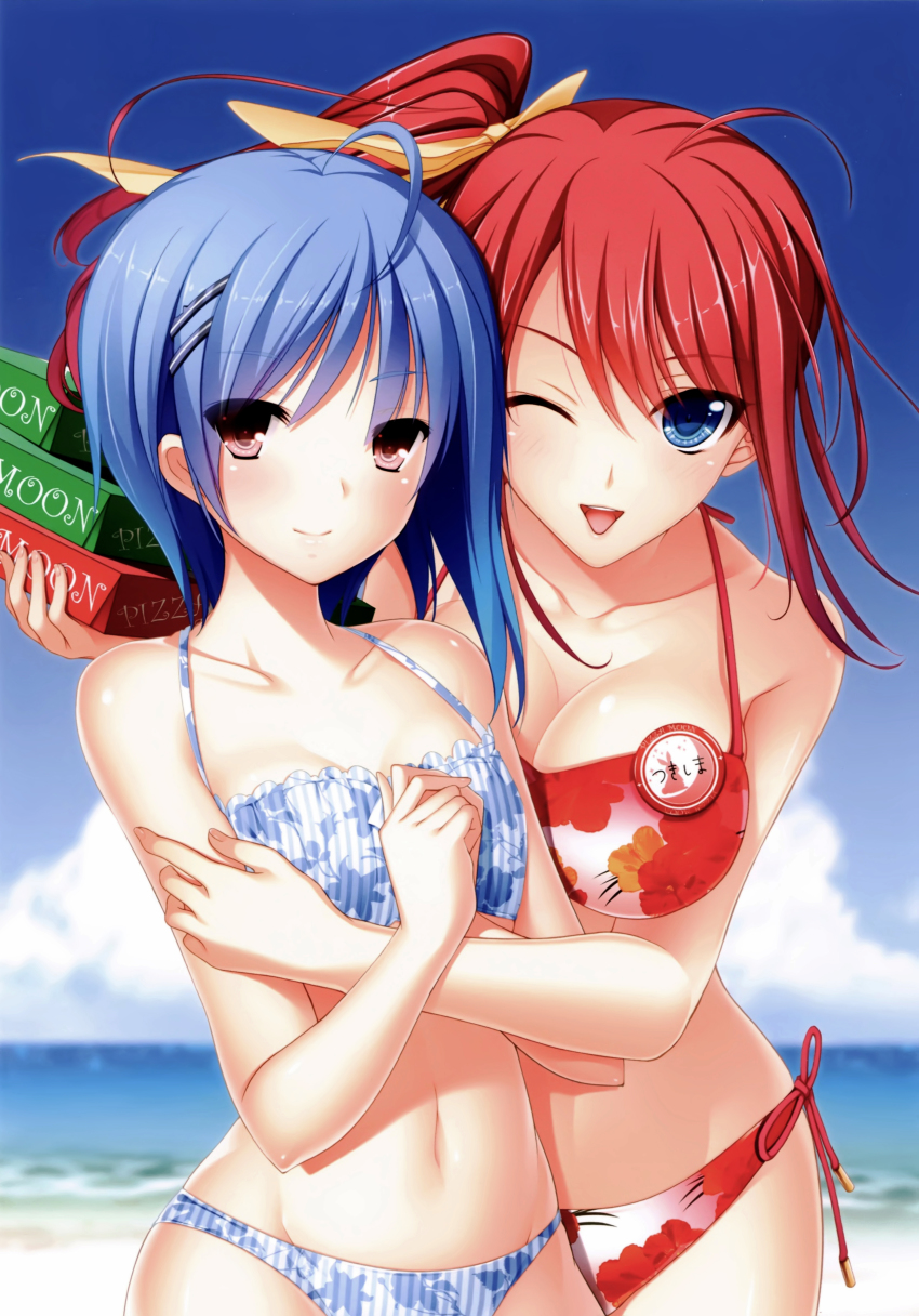 2girls, absurdres, ahoge, akino_subaru, beach, bikini, blue_bikini, blue_eyes