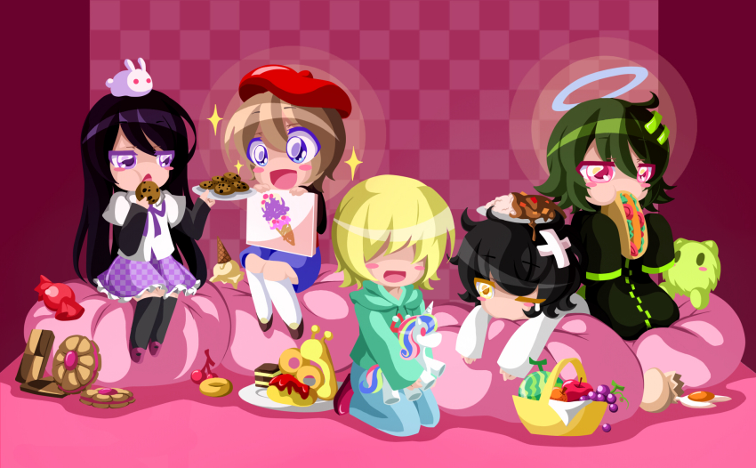 4girls, a_(nostalgic), androgynous, answered_prayers, bandaid, bean_bag, bean_bag_chair, beret, black_hair, blonde_hair, blue_eyes, blush_stickers, broken_egg, brown_hair, cameo, candy, cookie, drawing, dreamarbleng, egg, fluorette, food, food_on_head, fruit, gaida, glitter, green_hair, halo, hat, highres, ice_cream, ice_cream_cone, irotsuki, kamitsuki_(yume_shousen_mousou), kneeling, long_sleeves, lying, multiple_girls, my_little_pony, nostalgic, object_on_head, on_stomach, pink_eyes, princess_celestia, rabbit, seiza, sitting, sleeves_past_wrists, sometsuki, ultra_violet_(game), yellow_eyes, yume_shousen_mousou