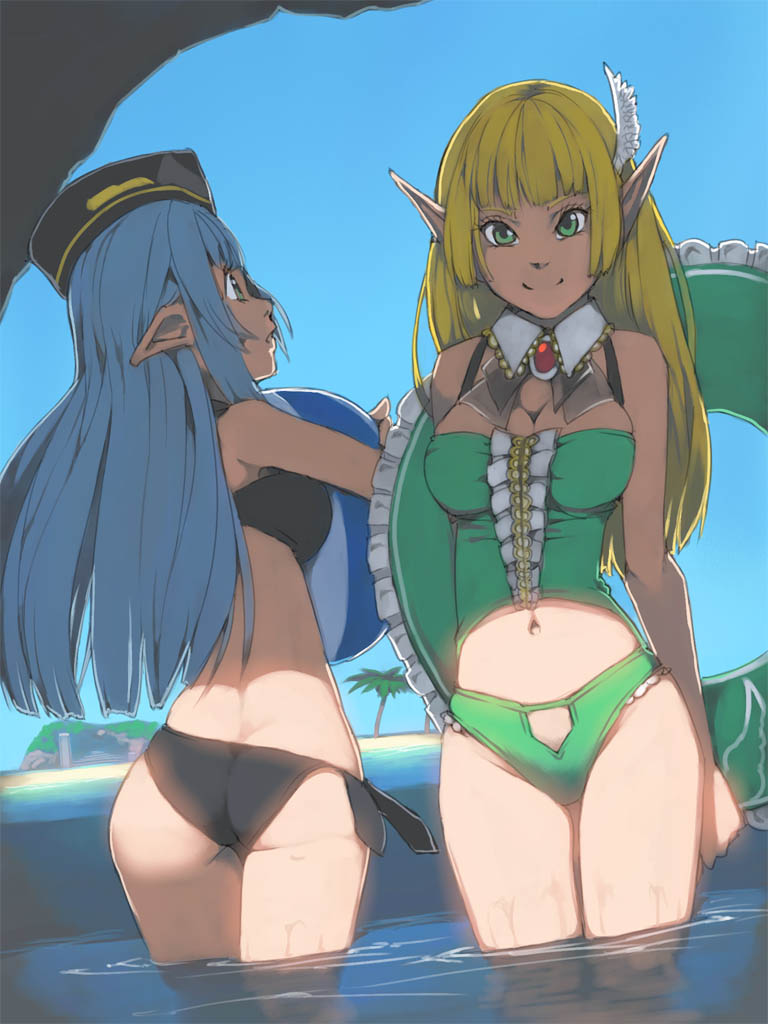 2girls, akinbo_(hyouka_fuyou), ass, bad_id, bad_pixiv_id, bare_shoulders, bikini, blonde_hair, blue_hair, breasts, cleavage, elf, gradient_background, green_eyes, innertube, long_hair, looking_at_viewer, lottie_(pso2), midriff, multiple_girls, navel, phantasy_star, phantasy_star_online_2, pointy_ears, red_eyes, smile, swim_ring, swimsuit, wading, water, whittier