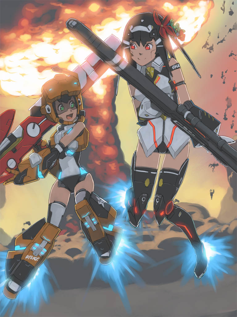 2girls, akinbo_(hyouka_fuyou), android, armor, bad_id, bad_pixiv_id, black_hair, explosion