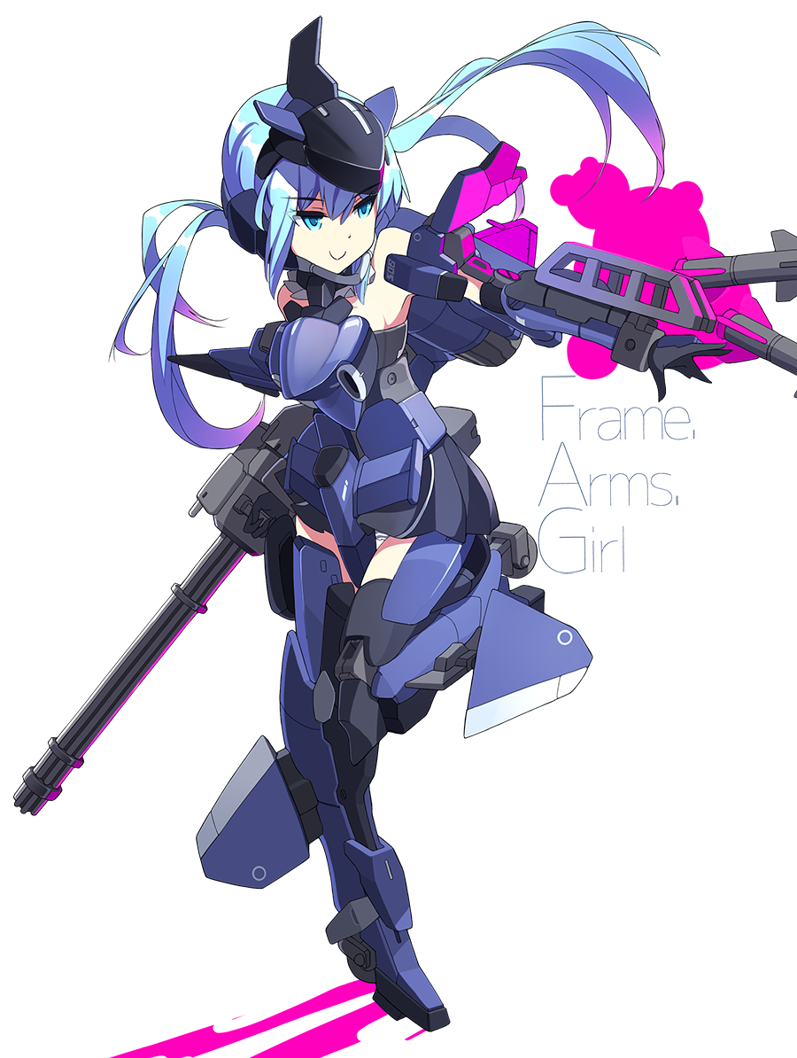 10s, armor, black_gloves, blue_eyes, blue_hair, dee_(fire2332), elbow_gloves, frame_arms_girl, gatling_gun, gloves, gun, headgear, long_hair, mecha, mecha_musume, missile, panties, robot, simple_background, smile, solo, standing, standing_on_one_leg, striped_clothes, striped_panties, stylet, text_focus, thighhighs, twintails, underwear, weapon, white_background
