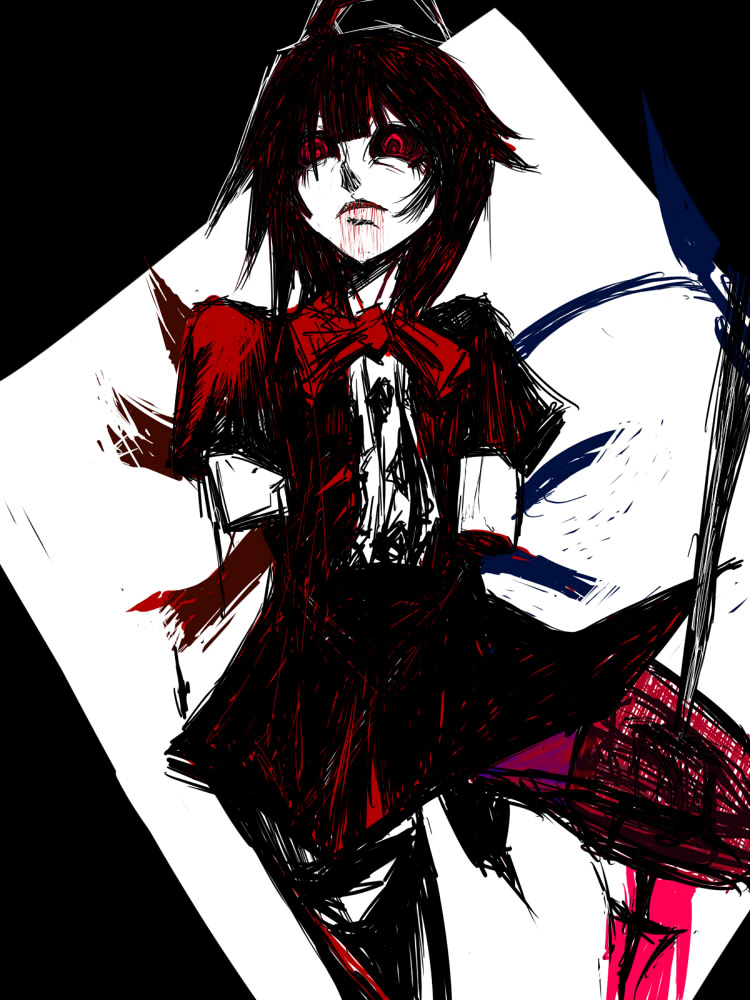 amputee, argyle_background, argyle_clothes, asymmetrical_wings, athisu, black_thighhighs, blood, blood_from_mouth, blood_in_hair, blood_on_clothes, creepy, creepy_eyes, double_amputee, dress, guro, horror_(theme), houjuu_nue, injuried_wings, injury, neck_ribbon, polearm, red_eyes, red_pupils, ribbon, simple_background, snake, solo, thighhighs, touhou, trident, weapon, wings, zettai_ryouiki