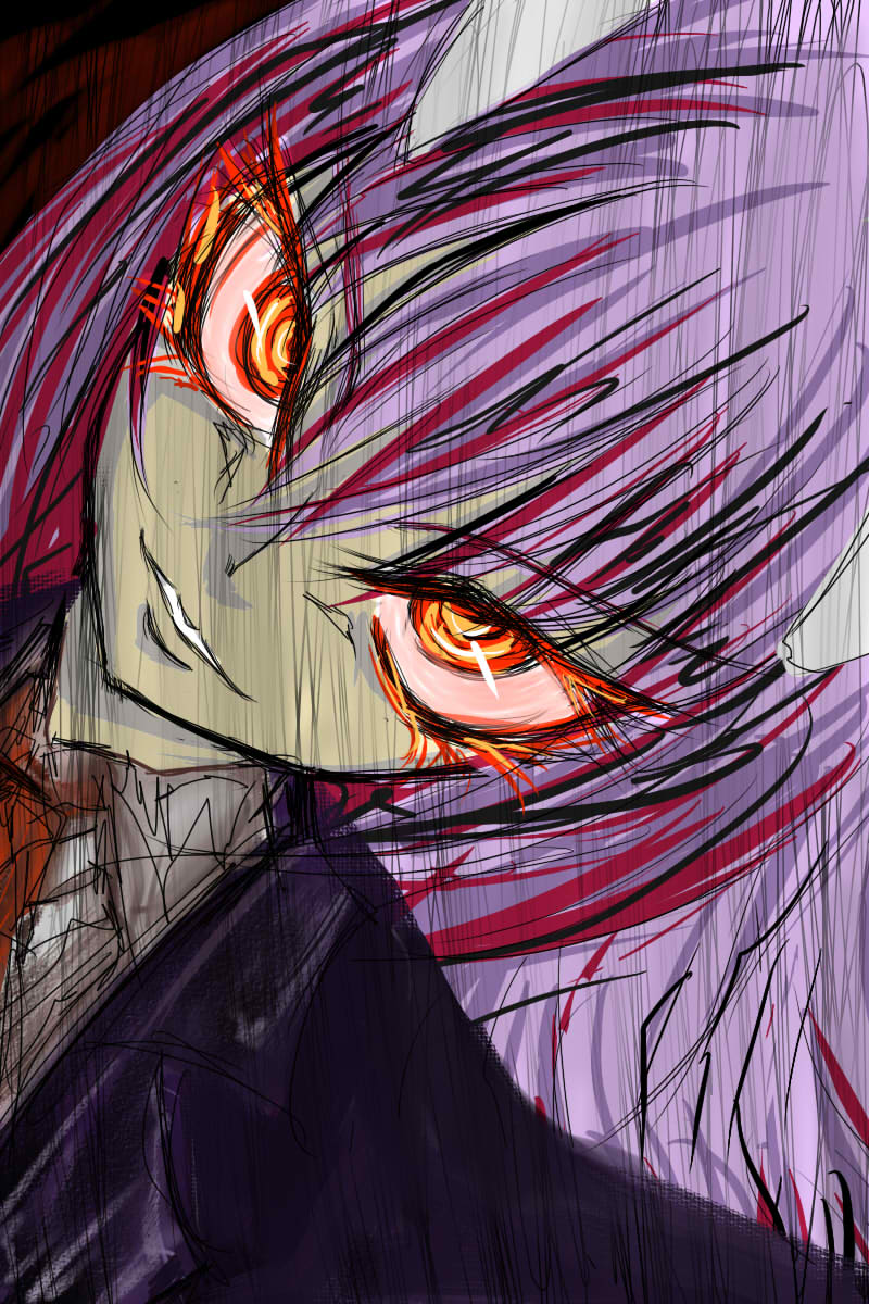 1girl, animal_ears, athisu, blazer, blood, blood_in_hair, close-up, colored_sclera, colored_skin, eyelashes, female_focus, flaming_eyes, grey_skin, highres, jacket, long_hair, moon_rabbit, necktie, pink_eyes, purple_hair, rabbit_ears, red_sclera, reisen_udongein_inaba, simple_background, solo, touhou, yellow_skin