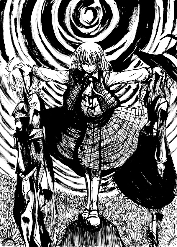 1boy, 2girls, ahoge, arms_at_sides, ascot, athisu, blood, blood_on_clothes