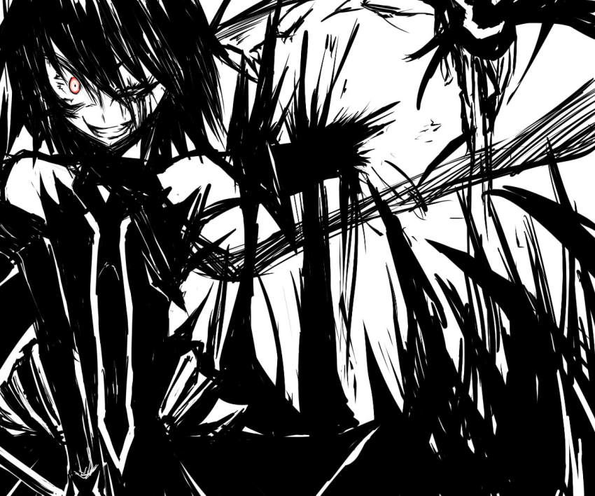 1girl, amputee, athisu, bare_shoulders, blood, blood_splatter, bow, colored_sclera