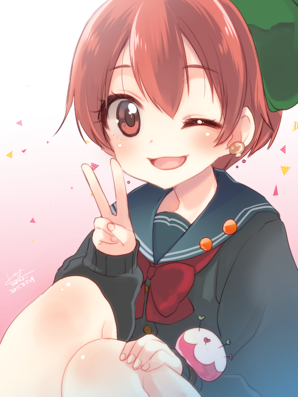 1girl, earrings, gradient_background, hat, jewelry, koruri, looking_at_viewer, maezono_rishuri, maezono_risyuri, needle, one_eye_closed, open_mouth, pincushion, red_eyes, red_hair, school_uniform, short_hair, sitting, smile, tokyo_7th_sisters, v