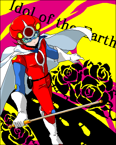 1boy, baton, black_border, boots, border, brown_hair, cape, chouko_(waru)