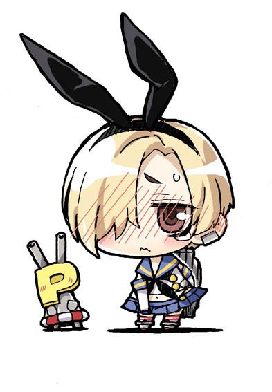 1girl, blonde_hair, blue_skirt, blush, chibi, cosplay, crossover, elbow_gloves