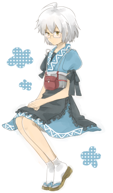 1boy, crossdressing, crossdressing_(mtf), gender_request, genderswap, glasses, male_focus, morichika_rinnosuke, natsume_(pixiv), sandals, short_hair, skirt, solo, touhou, zouri