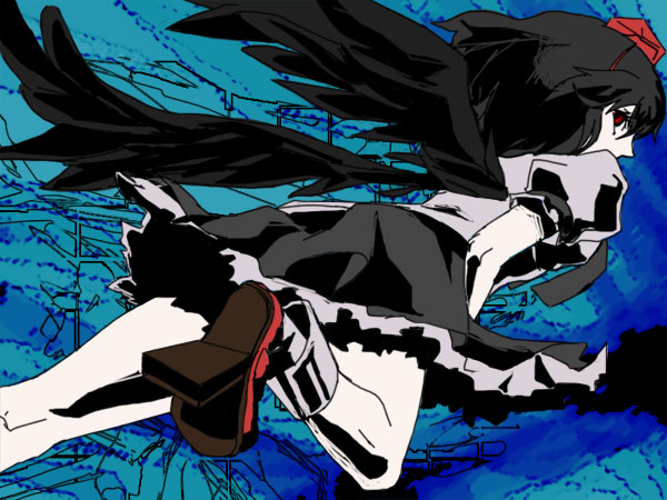 1girl, black_wings, expressionless, female_focus, geta, hat, looking_at_viewer, looking_back