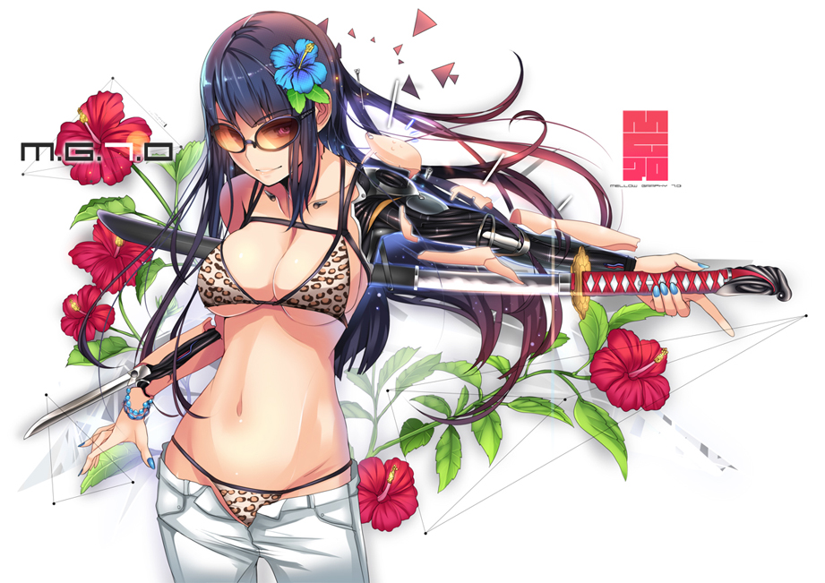 1girl, animal_print, bikini, bikini_under_clothes, black_hair, blue_eyes, blue_nails, bracelet, breasts, cleavage, cowboy_shot, cyborg, female_focus, floral_background, flower, gem, hair_flower, hair_ornament, hibiscus, jewelry, katana, large_breasts, leopard_print, long_hair, mechabare, mechanical_arms, nail_polish, navel, open_fly, original, pants, pearl_(gemstone), scabbard, sheath, single_mechanical_arm, smile, solo, sunglasses, swimsuit, swimsuit_under_clothes, sword, t-track, t-track_(artist), underboob, unsheathing, unzipped, weapon