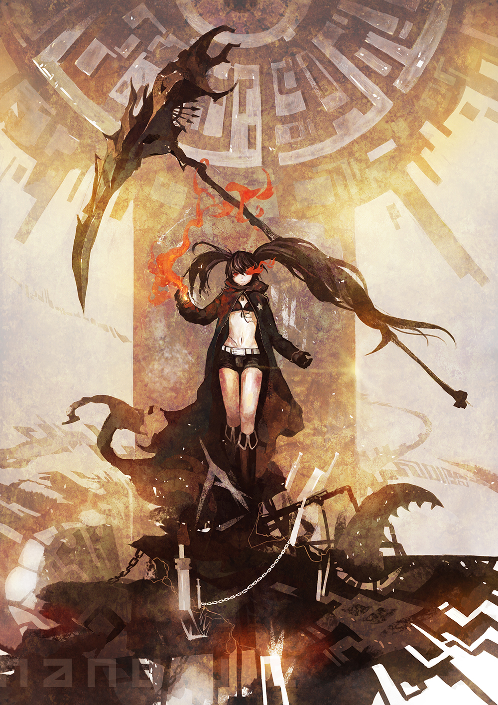 10s, 1girl, asymmetrical_hair, belt, bikini, bikini_top_only, black_boots, black_gloves