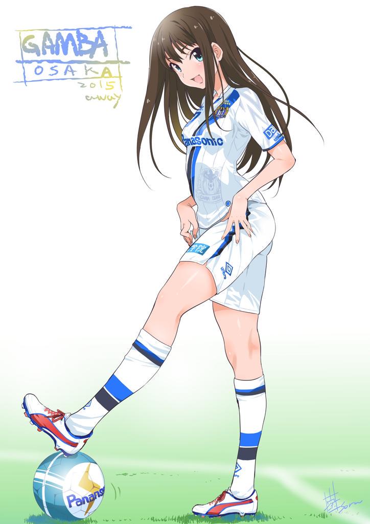 10s, 1girl, ball, blue_eyes, breasts, brown_hair, clothes_pull, female_focus, full_body, gamba_osaka, gradient_background, idolmaster, idolmaster_cinderella_girls, inoue_sora, j._league, jpeg_artifacts, kneehighs, long_hair, panasonic_corporation, shibuya_rin, shoes, shorts, shorts_pull, small_breasts, sneakers, soccer, soccer_ball, soccer_uniform, socks, solo, sportswear, standing