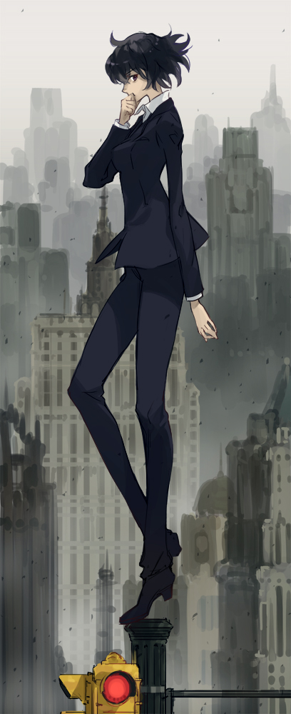 1girl, black_hair, brown_eyes, chain_sumeragi, cityscape, da-kuro, dakuro, female_focus