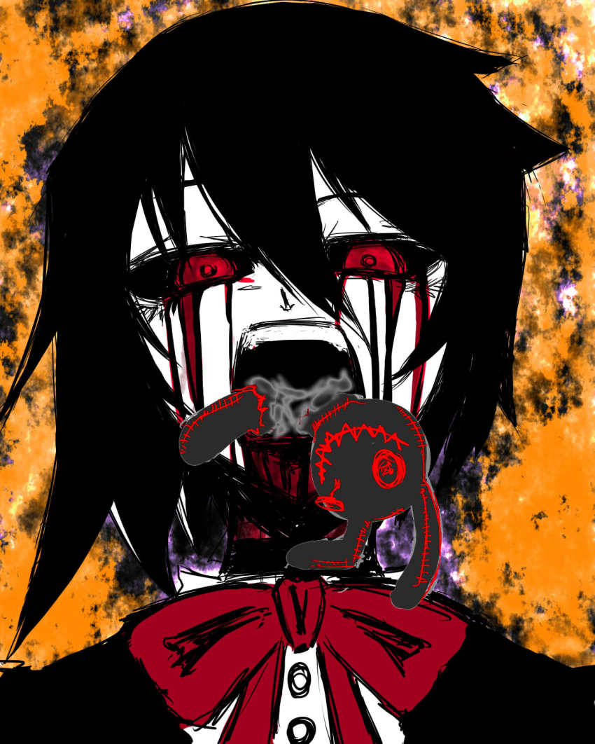 1girl, athisu, black_hair, blood, blood_from_mouth, bloody_tears, crazy_eyes, creepy, female_focus, highres, horror_(theme), houjuu_nue, neck_ribbon, open_mouth, portrait, rabbit, raised_eyebrows, red_eyes, red_pupils, ribbon, short_hair, smoke, solo, solo_focus, stuffed_animal, stuffed_toy, teeth, torn, touhou