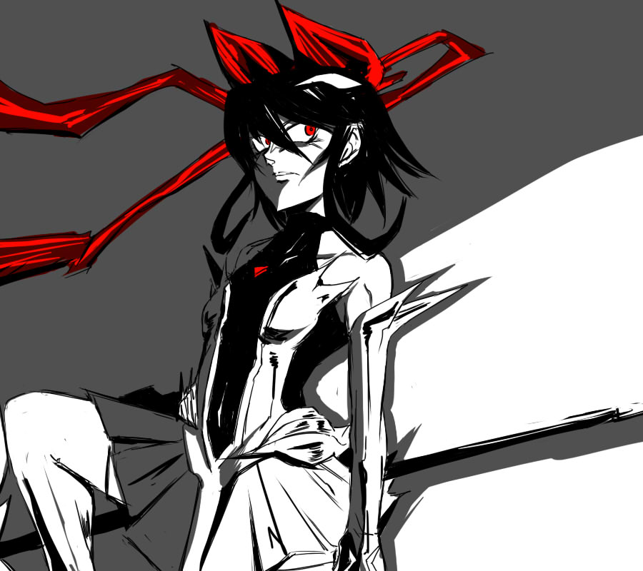 1girl, athisu, bow, detached_sleeves, dress, female_focus, flat_chest, greyscale