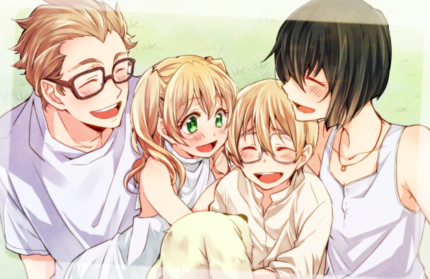 2boys, 2girls, bad_id, bad_pixiv_id, black_(kekkai_sensen), blonde_hair, brother_and_sister, brown_hair