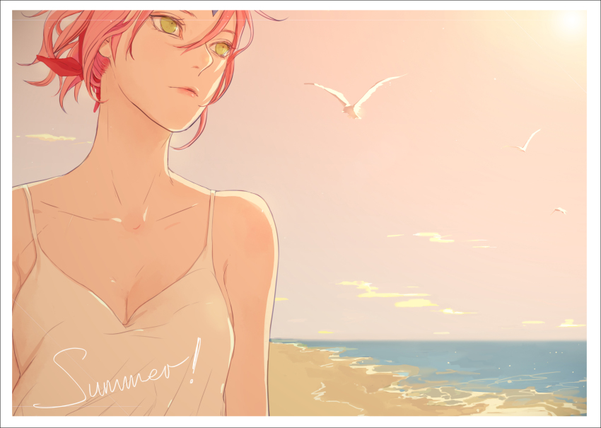 1girl, absurdres, beach, bird, bluesy, breasts, dress, facial_mark, female_focus, forehead_mark, gradient_background, haruno_sakura, highres, naruto_(classic), naruto_(series), pink_hair, small_breasts, solo, yellow_eyes
