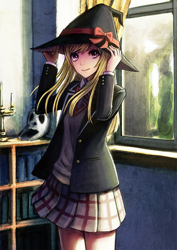 10s, 1girl, blonde_hair, female_focus, hair_ornament, hairclip, hat, long_hair